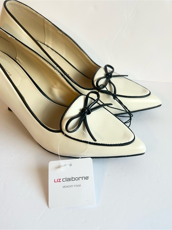 Liz Claiborne Shoes - Liz Claiborne Cream Pointed-Toe Pumps with Black Trim and Bow